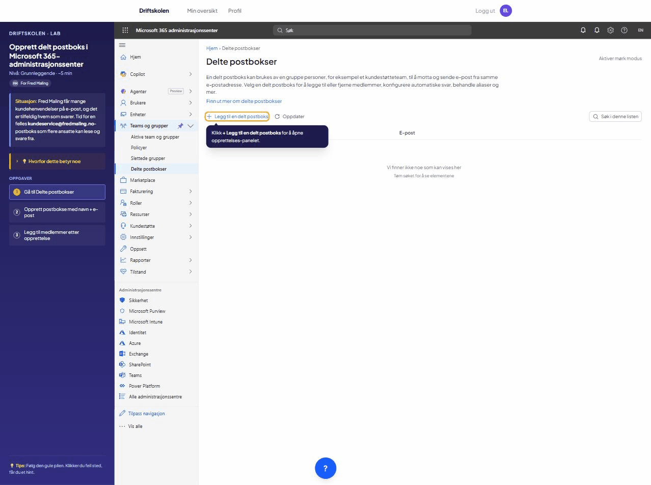 Driftskolen demo: opprett delt postboks i Microsoft 365 med AI-hjelp